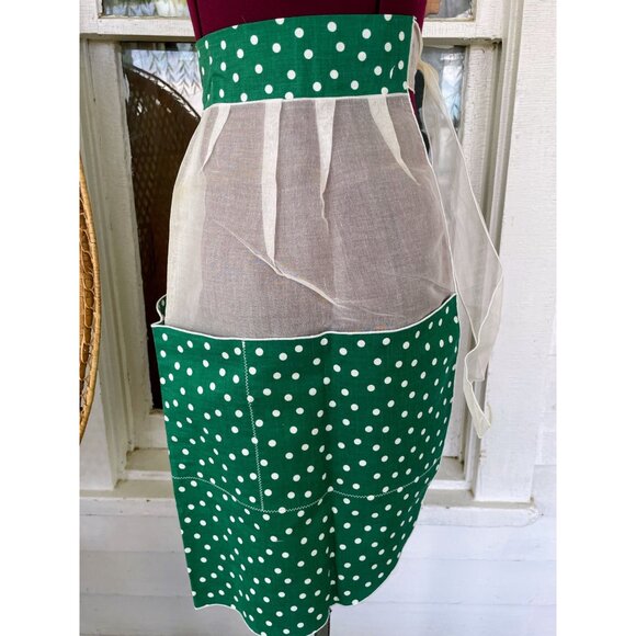 Vintage 1950s Half Apron Organdy Linen Gree Polka dot Original tags - Picture 2 of 11